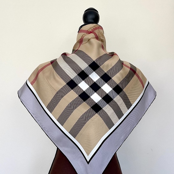 Display # 3 Burberry Scarf Classic Beige Check Gray Border Silk Wrap - Picture 8 of 15